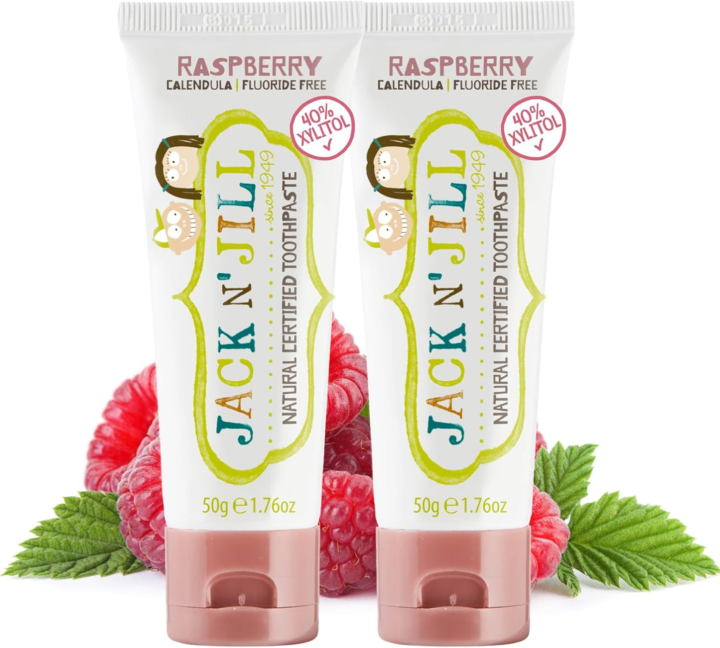Jack N' Jill Natural Toothpaste for Baby and Infants - Fluoride Free Training Toothpaste, 40% Xylitol, BPA Free - Raspberry, 1.76 oz (Pack of 2)