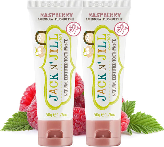 Jack N' Jill Natural Toothpaste for Baby and Infants - Fluoride Free Training Toothpaste, 40% Xylitol, BPA Free - Raspberry, 1.76 oz (Pack of 2)
