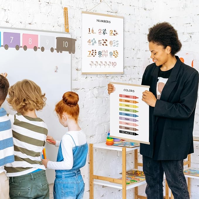 YOUHONG Educational Art Classroom Decor Color Poster - 12x15.7 Inch Kids Wall Art with Wooden Rods - Preschool Classroom Decor Learning Educational Posters for Toddlers (Easy Hang Rope Included)