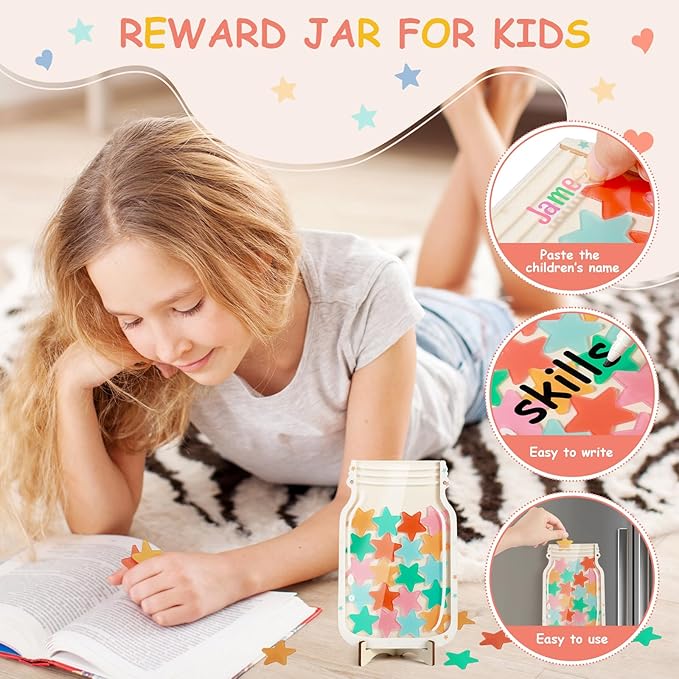 Magnetic Reward Jars for Kids,Personalized Reward Jar with Colorful Letter Stickers,Good Behavior Responsibility Training Tool for Kids,Ideal for Classroom and Home Reward System (Star)