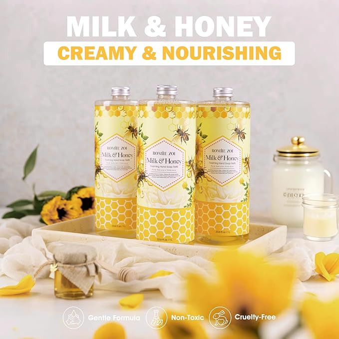 ROMIIE ZOI Foaming Hand Soap Refill Gift Set – Honey & Milk Scent – 3 Pack (1000ML Each) with Dispenser – Gentle & Moisturizing Plant-Based Formula – Bulk Refill Bottles for Bathroom & Kitchen Use