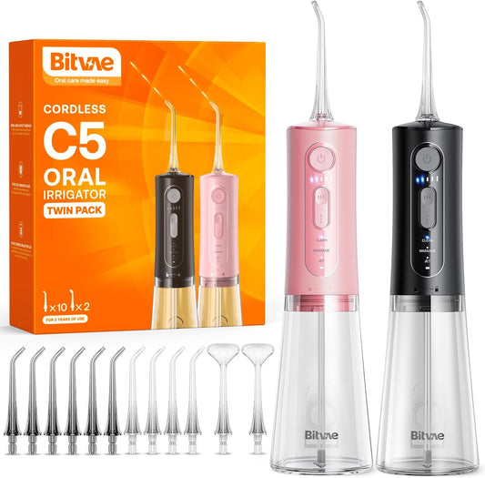 Water Dental Flosser Teeth Pick: Bitvae 2 Pack Portable Cordless Oral Irrigator, 3 Modes 5 Intensities, Rechargeable Water Dental Picks for Cleaning with 12 Tips, Travel Irrigation Cleaner for Teeth