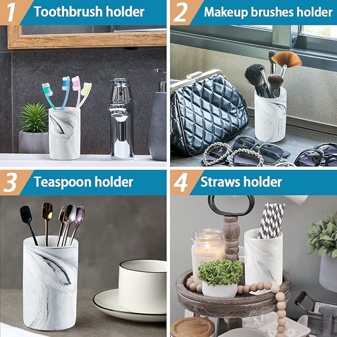 Bathroom Tumbler Cup, Ceramic Toothbrush Holder Stand for Mouthwash Rinsing, Toothpaste, Pen, Makeup Brush, Teaspoon Organizer, 10oz / 300ml (Marble Pattern)