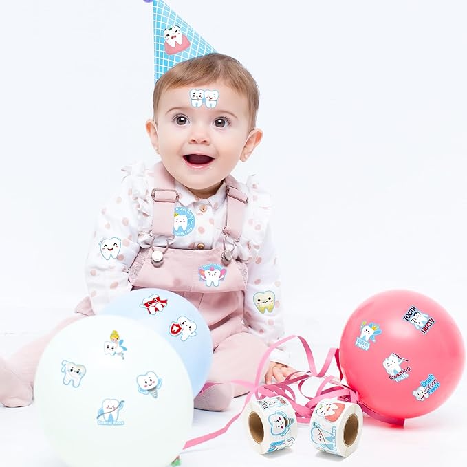 CJiangpo 1000Pcs Tooth Roll Stickers, Funny Dental Tooth Fairy Sticker Decals for Laptop Water Bottle Scrapbook DIY Crafts, Baby Shower Birthday Party Decoration Gift for Boy Girl