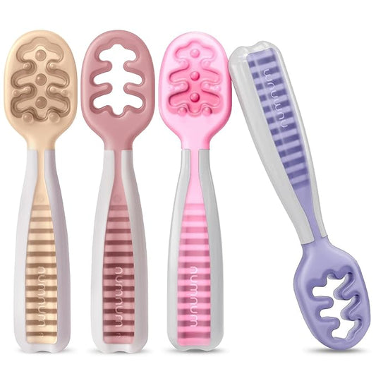 NumNum Baby Spoons Set, Baby Essentials Pre-Spoon GOOtensils for 6+ Months, First Stage Self-Feeding Spoons for Baby Led Weaning (BLW), Silicone Toddler Utensils, BPA-Free, 4 Pack Sweet Dreams