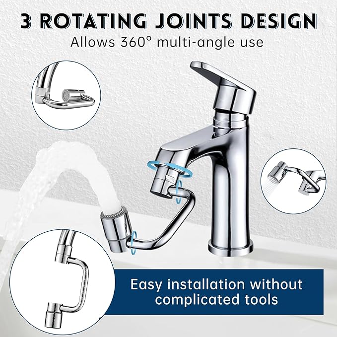 2 PCS 1440° Rotatable Faucet Extension, 1080° Swivel Faucet Aerator Extender, 2 Mode Adjustable Rotating Universal Sink Faucet for Kitchen Bathroom Sink Silver