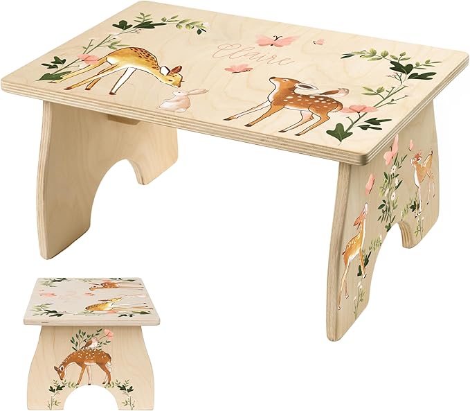 Step Stool for Toddlers- Personalized Wood Kids Step Stool with Name for Kitchen Sink, Bathroom, Potty Training, Toilet, Kitchen Sink- Sturdy and Safe- Made in USA by BloomOwl (Woodland- Deer)