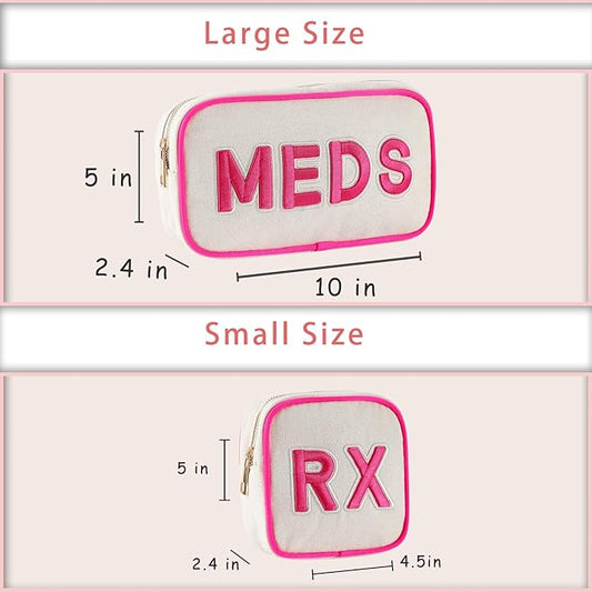 2Pcs Small Canvas Rx MEDS Medicine Packages, Cute Chenille Letter Patch Drug Makeup Bag with Metal Zipper, Mini Travel First Aid Purse Organizer Machine Washable (06 2pcs Hot Pink)