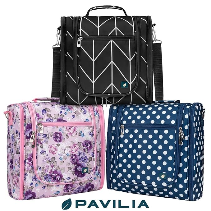 PAVILIA Extra Large Toiletry Bag Travel Bag for Women Men, Hanging Cosmetic Organizer, Water Resistant Makeup Bag for Accessories Toiletries, Travel Essentials Kit (Floral Pink)