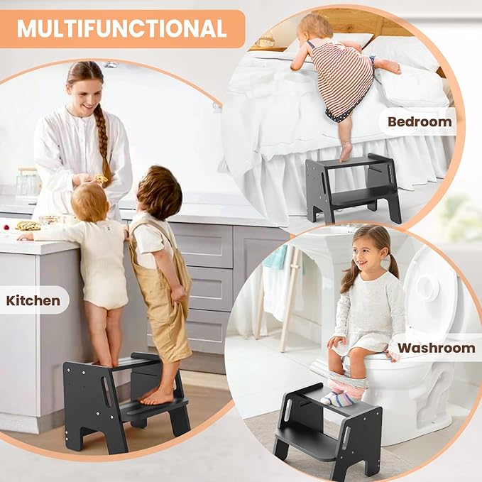 Toddler Step Stool, Wooden Height-Adjustable 2-Step Stool for Kids, Potty Training Stool with Handles for Bathroom Sink, Kitchen, Bedroom-Black
