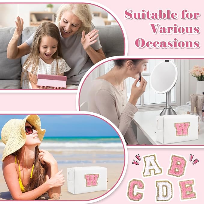 Personalized Makeup Bag Initial A-Z Preppy Patch Bag,Small PU Leather Travel Cosmetic Bag Pouch with Zipper,White Cute Toiletry Bag,Gift Ideal for Teen Girls Women Birthday Friend Mom,Letter W