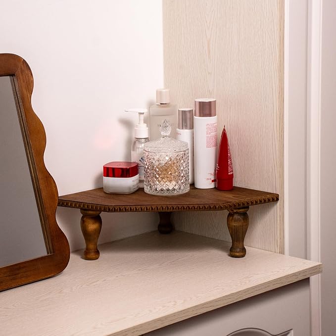 Wood Corner Counter Shelf Framehouse Decorative Tray Stand for Kitchen Bathroom Riser Organizer Coffee Bar Display Shelf with Detachable Legs (Lightbrown)
