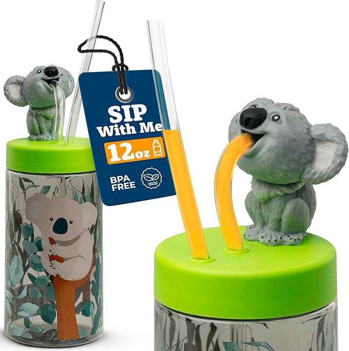 Trend Zoo Koala Cup, Water Bottle, Tumbler with Lid and Straw, Travel Sippy Cup for Water or Milk, Cups with Lids BPA Free Plastic, 12 oz