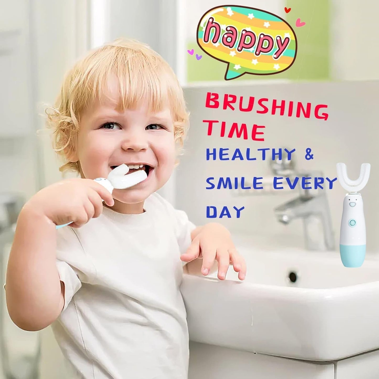 Kids Electric Toothbrush，Toddler Toothbrush Waterproof Battery Powered 360 Automatic Sonic u Shaped Toothbrushes for 2-7 Years Old for Boys Girls，with 2 Replacement Brush Heads（Blue）