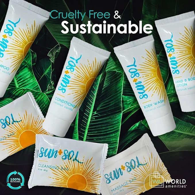 World Amenities Sun+Sol Mini Travel Size Hotel Toiletries Bathroom Kit - Case of 25 Sets - Warm Coconut & Vanilla - Shampoo, Conditioner, Body Wash, Lotion, Cleansing Bar, Soap Bar