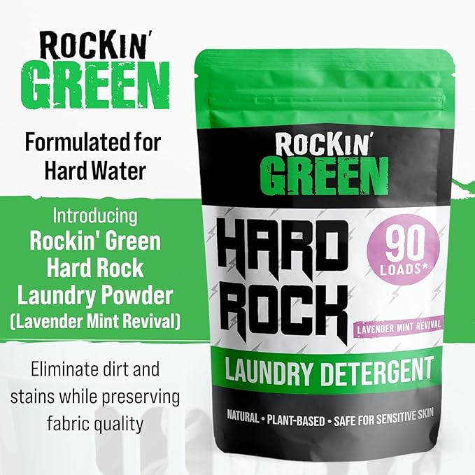 Rockin' Green Hard Rock Laundry Detergent for Hard Water (90 Loads), Plant based, Natural Laundry Detergent Powder, Biodegradable Odor Fighter, Safe for Sensitive Skin, 45 oz (Lavender Mint Revival)
