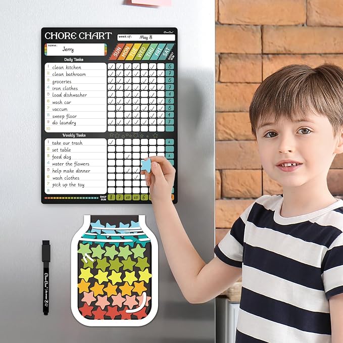 Magnetic Responsibilty Reward Chart for Kids - Magnetic Reward Jar with Stars Included - Ideal for Home Chore Tasks&Reward System