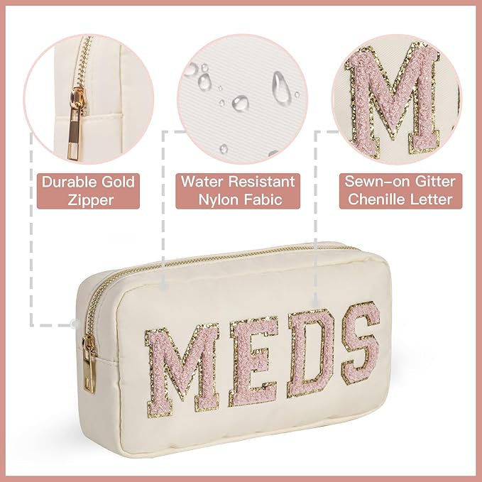 2pcs Personalized Chenille Letter Patch MEDS and RX Bags Set,Cute Nylon Drug Medicine Travel Makeup Bag with Zipper, Preppy Vitamin Organizer Bag for Women and Girls (RX+MEDS Beige)