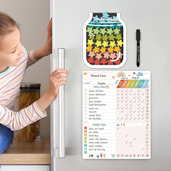 Magnetic Responsibilty Reward Chart for Kids - Magnetic Reward Jar with Stars Included - Ideal for Home Chore Tasks&Reward System