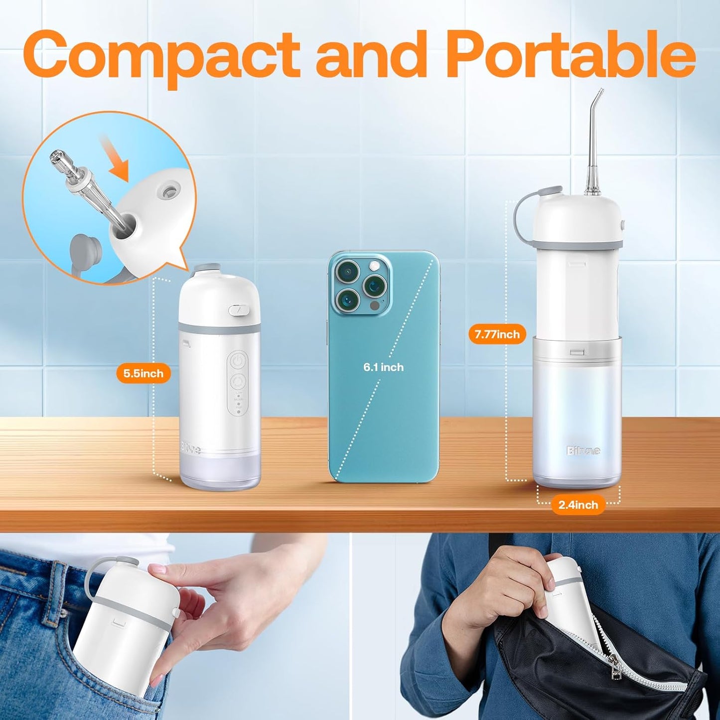 Bitvae P1 Portable Mini Dental Flosser, Cordless Water Cleaner with Telescopic Tank, Rechargeable Oral Irrigator for Travel & Home, Frost White