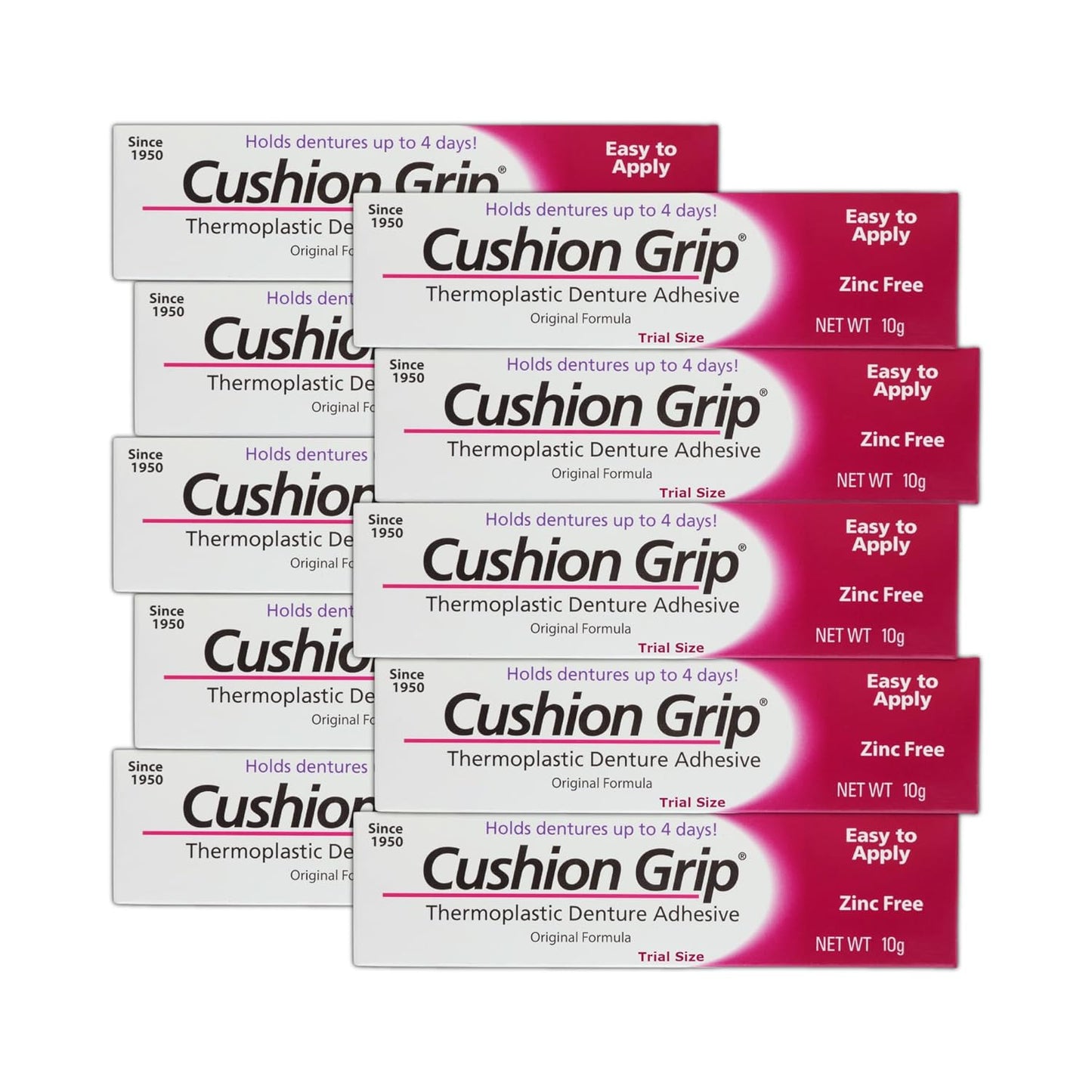 Cushion Grip Thermoplastic Denture Adhesive, 0.35 oz Travel Size (Pack of 10) – Refits and Tightens Loose Dentures for Up to 4 Days | Non-Glue, Zinc-Free, Waterproof Formula, Acts Like a Soft Reliner