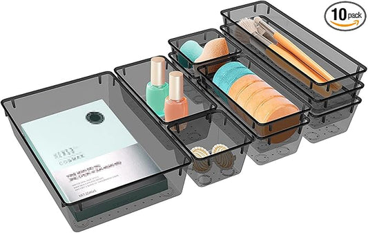 10 PCS Drawer Organizer Set, 4 Varied Size Bathroom and kitchen Drawer cabinet organizer Trays, Clear Storage Bins for Makeup, Jewelry, Utensils and Gadgets, Black