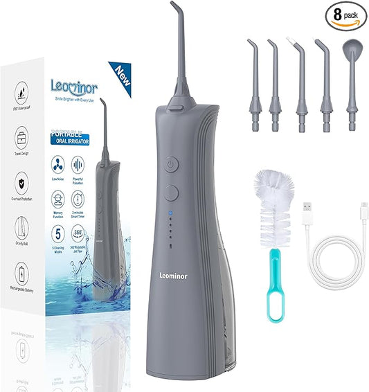 Leominor Water Flosser - 5 Modes Cordless Portable Oral Irrigator, IPX7 Waterproof, Rechargeable Teeth Cleaner Professional Flossing Cleaning Pick for Home Travel (Gray)