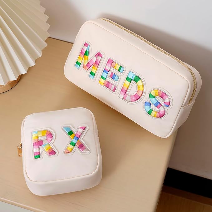 Small Nylon Rx Medicine Bag, Cute Waterproof Chenille Letter Patch Drug Makeup Bag with Metal Zipper, Pill Bag for Purse, Mini Travel First Aid Purse Organizer Machine Washable (08Beige RX)