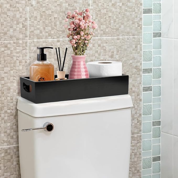 LotFancy Bathroom Decor Box and Vanity Tray, Set of 2, Wooden Toilet Tank Basket Topper, Bathroom Tray for Counter, Black Farmhouse Bathroom Decor