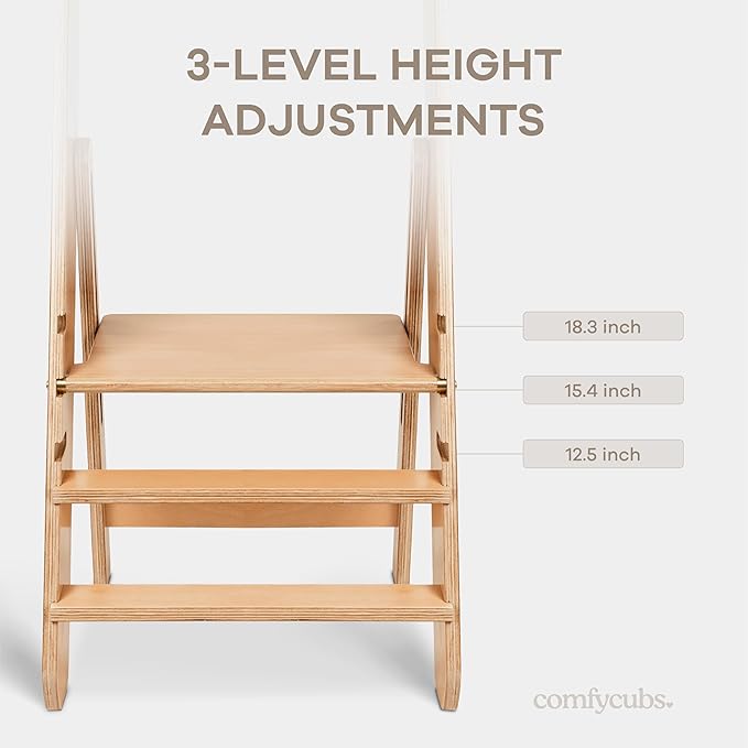 Comfy Cubs Kids Step Stool for Ages 3+, 3 Height Adjustable Toddler Tower, Montessori Furniture Designed in The US - Toddler Standing Tower for Kitchen Sink & Bathroom Access - Natural Wood
