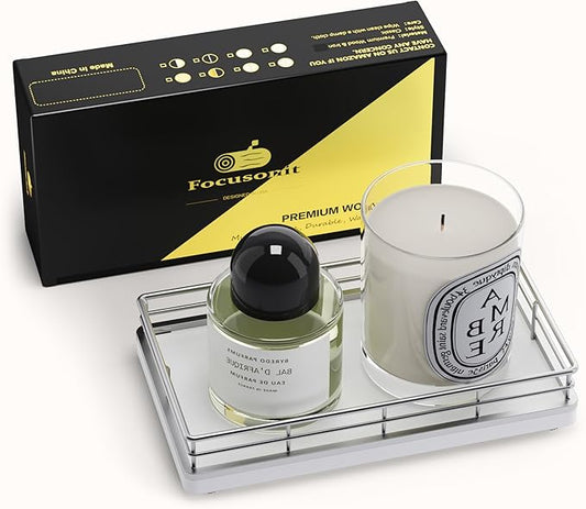 Bathroom Tray for Counter, Oak Wooden 7.5" L Vanity Tray for Jewelry Soap Cologne Organizer for Men Decorative Decor Silver