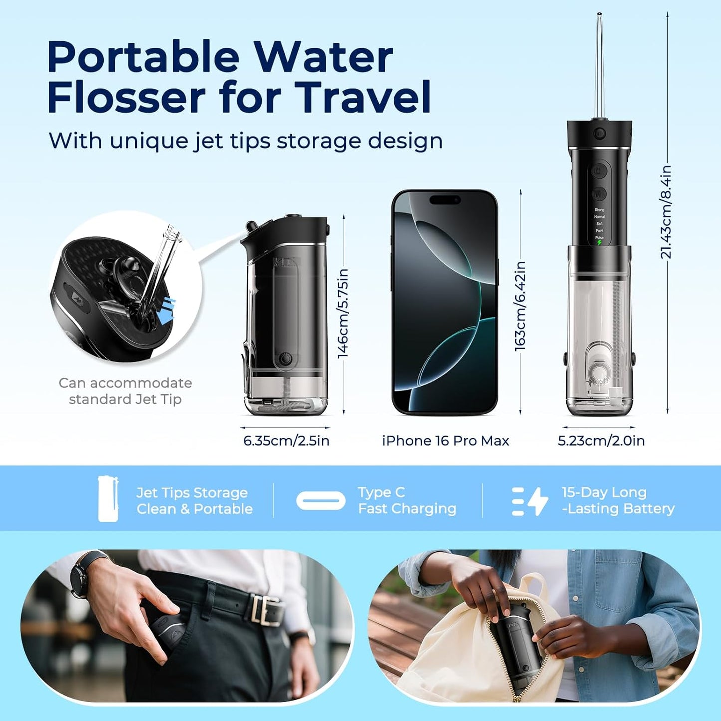 Portable Travel Water Flosser for Teeth – FOMIS Mini Water Flosser with 5 Mode, 5 Nozzles, 180ML Collapsible Tank, Smart Timer, IPX7 Waterproof Cordless Oral Irrigator for Brace & Sensitive (Black)