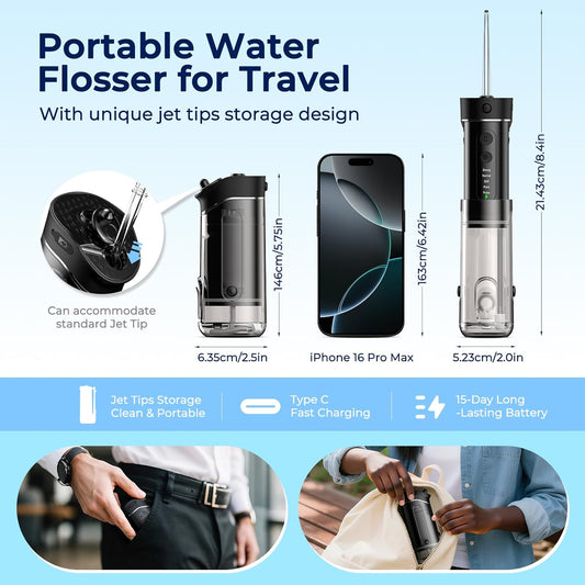 Portable Travel Water Flosser for Teeth – FOMIS Mini Water Flosser with 5 Mode, 5 Nozzles, 180ML Collapsible Tank, Smart Timer, IPX7 Waterproof Cordless Oral Irrigator for Brace & Sensitive (Black)