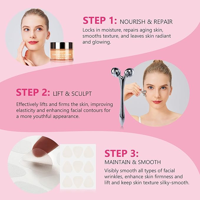 Wrinkle Patches for Face Overnight – Anti Wrinkle Facial Patches with Retinol Collagen Cream & Face Massager Kit for Forehead, Frown, Smile Lines & Crow’s Feet