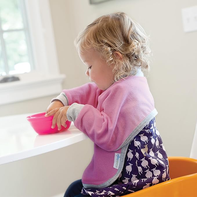 Kiddologic Bibit-all Baby Feeding Bib, Long Sleeves, Ribbed Cuffs and High Collar, Stretchy Pullover Smock, Soft Absorbent Terry, Waterproof Lining, Infant Girl 6-12 Months, Wild Orchid (Pink) Stripe