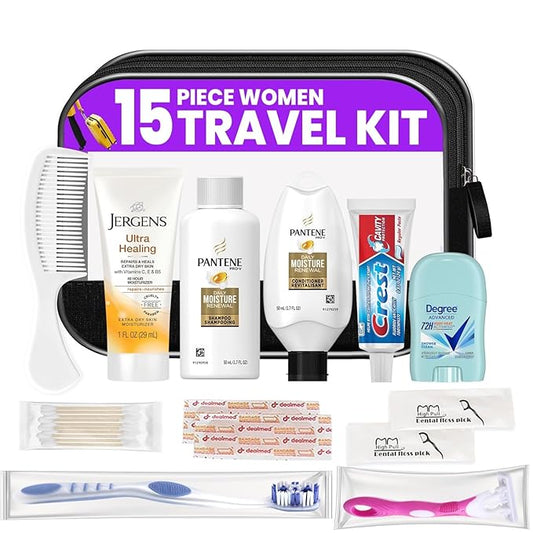 Trektote Bulk Hygiene Kit For Women – (5 Pack) 15 Piece Set – Featuring Top Trusted Brands, TSA Compliant, Bulk Travel Essentials, Includes Shampoo And Conditioner, Body Wash, Toiletry Bag & More