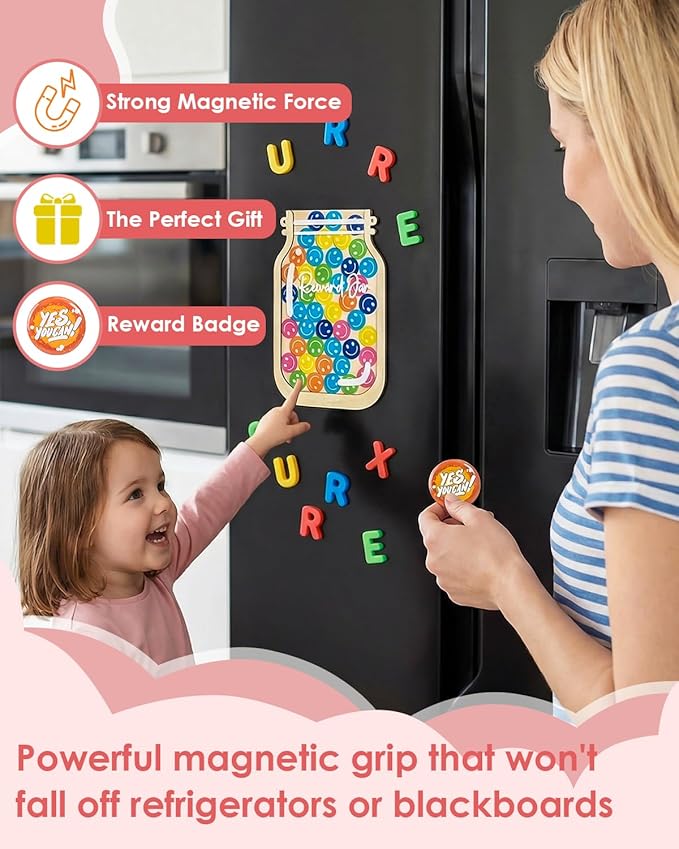 Magnetic Reward Jars for Kids, Personalized Reward Jars with Smile Tokens, Tool to Train Kids' Good Behavior & Responsibility, Ideal Classroom & Home Reward System