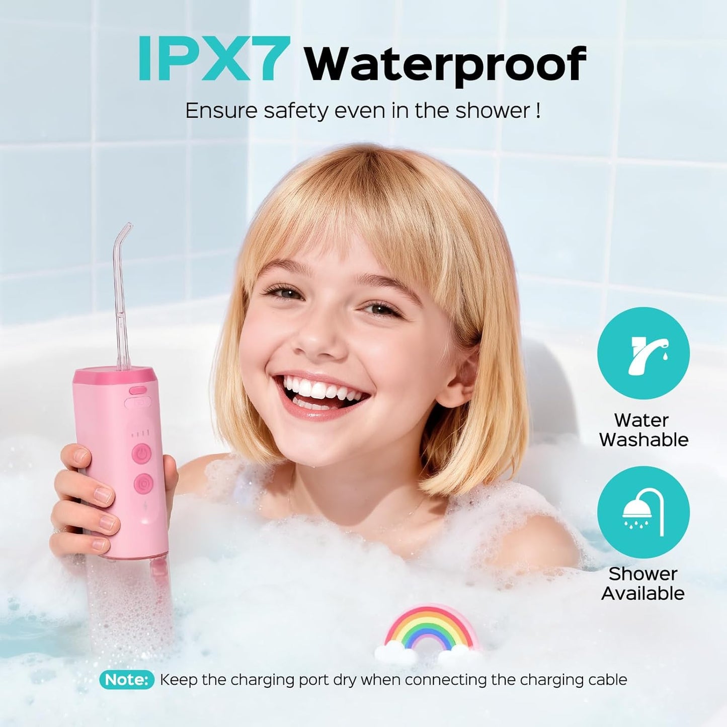 COSLUS Portable Water Flosser for Kids: 4 Gentle Modes for Ages 6+, Braces & Sensitive Teeth - with Fun DIY Stickers, 4 Storable Nozzles, Mini Compact for Home School & Travel Use, BPA-Free, Pink