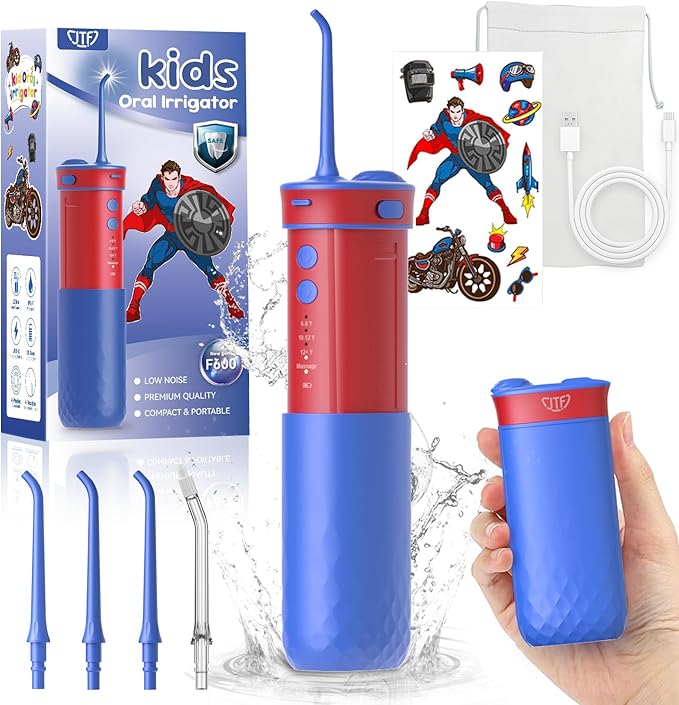 JTF Kids Water Dental Flosser: Rechargeable Portable Oral Irrigator with 4 Flossing Modes 230ml Tank 4 Tips Travel Bag Waterproof Stickers, Cordless Electric Flossers for Teeth Gum Braces Care, Age 6+