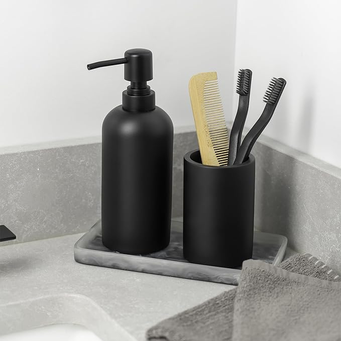Matte Black Resin Bathroom Tumbler Cup - Matte Black Toothbrush Holder, 4x2.75 Inch, 12oz Capacity, Minimalist Vanity Countertop Organizer (Black)