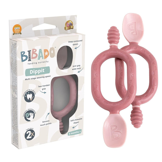 Bibado - Dippit Baby Spoon and Dipper, Blush (2-Pack) - Soft, Chewable Dipper & Deep Spoon - Two-Hand, Sensory Grip - Toddler Utensils - Baby Led Weaning Supplies - Baby Essentials - 6 Months+