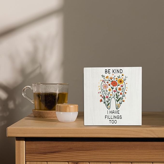 Floral Tooth Wooden Signs,Dental Decor Wooden Box Sign,Funny Dental Hygienist Decor For Home Desk Tabletop Shelf Decoration 5x5 Inches