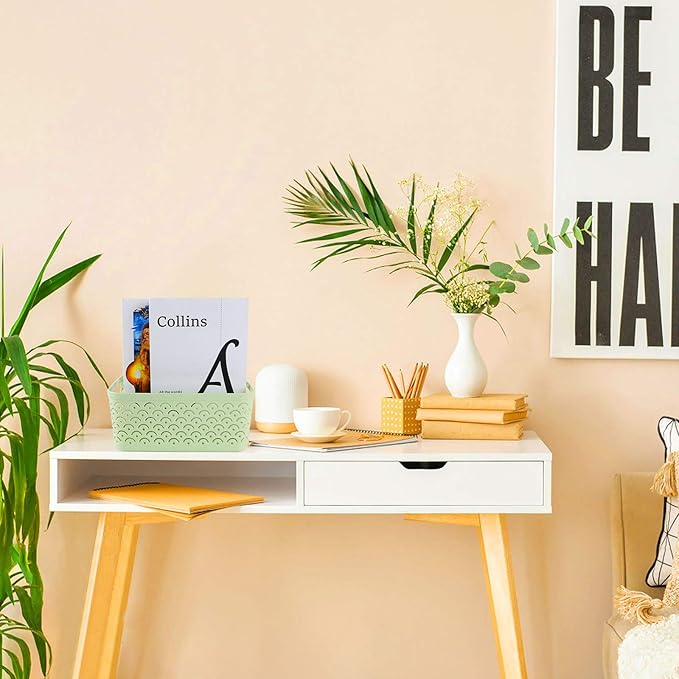 STARVAST 5 Pack Plastic Storage Baskets, Portable Green Fish Scale Pattern Hollow Desktop Storage Bin Box with Handle for Kitchen, Bathroom, Kids Room or Nursery Storage – 9.4 x 7.1 x 4.1 inches