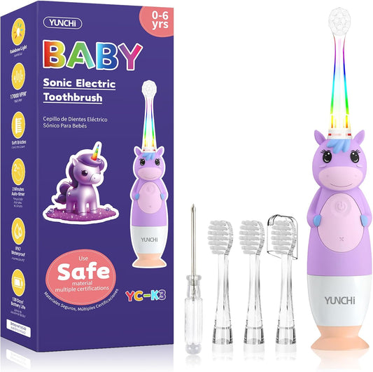 YUNCHI Toddler Electric Toothbrush Kids 0-3-6 Years, Baby Electric Toothbrush with Colorful LED Light, Battery Powered Toddler Toothbrush with 2 Minutes Timer 4 Brush Heads, Infant Toothbrush (Purple)
