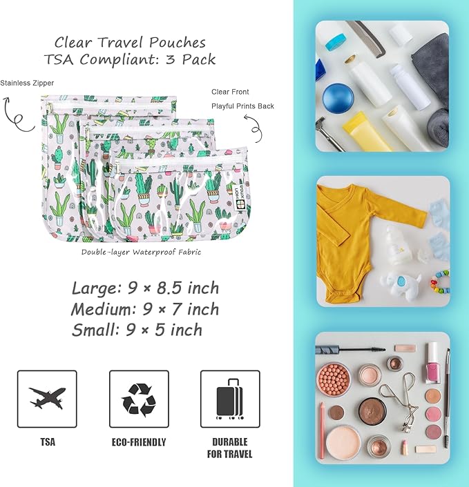 TSA Approved Toiletry Bag, Set of 3 Clear Travel Toiletry Bag Quart Size Zipper Travel Pouch, Waterproof Makeup Cosmetic Bag for Women Men Kids Toiletries Carry on, Cacti A