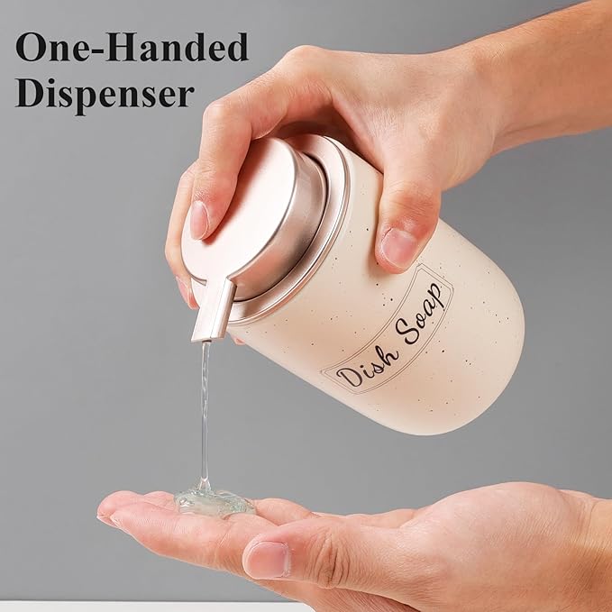 BosilunLife Apricot Soap Dispenser Set - 2 Pack 12oz Ceramic Dish Soap Dispenser with Rust Proof Pump for Kitchen, Hand Soap and Lotion Set Suitable for Farmhouse Bathroom Decor with Waterproof Labels