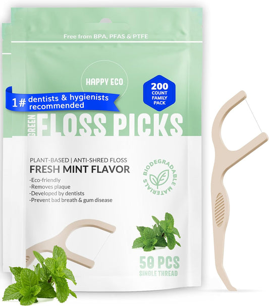 Floss Picks Biodegradable (100pcs) - Natural Dental Floss Picks, Vegan, Sustainable, Reusable, Shred Resistant and Nontoxic Plant-Based Material - Single Thread Mint