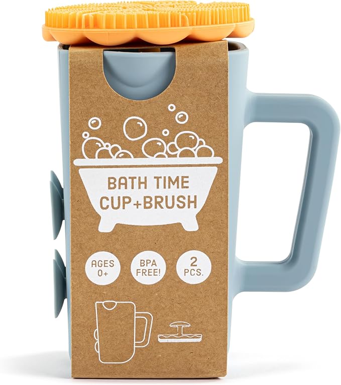 DEMDACO Love to Play Collection Baby Bath Rinse Cup and Silicone Scalp Scrubber Set - Gentle Hair Washing Aid for Infants & Toddlers Soft Silicone Kids' Brush & Ergonomic Rinse Pitcher, Orange