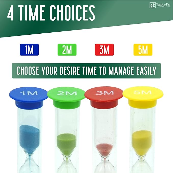 Sand Timer for Kids Set of 4 Small Colorful (Multi) Hour Glass Acrylic Covered Clock 1Min 2Min 3Min 5Min for Classroom, Home & Kids Room