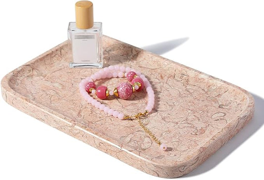 Koville Marble Tray, 12"x8" Natural Marble Vanity Tray for Countertop Bathroom Kitchen Dresser, Decorative Catchall Trays for Perfume Jewelry, Rectangular Stone Serving Tray(Pink)